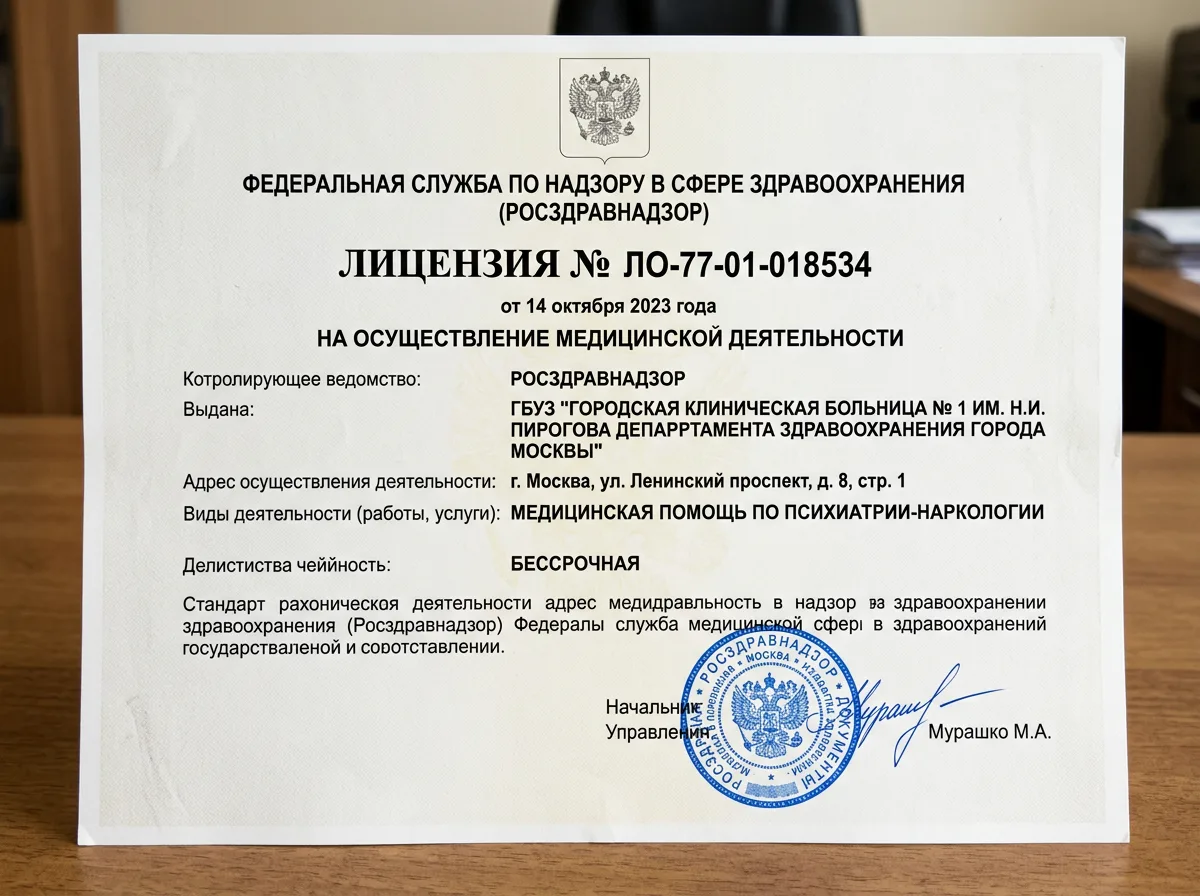 Официальный документ — Лицензия Росздравнадзора на медицинскую деятельность в области психиатрии-наркологии, синяя гербовая печать на белом бланке